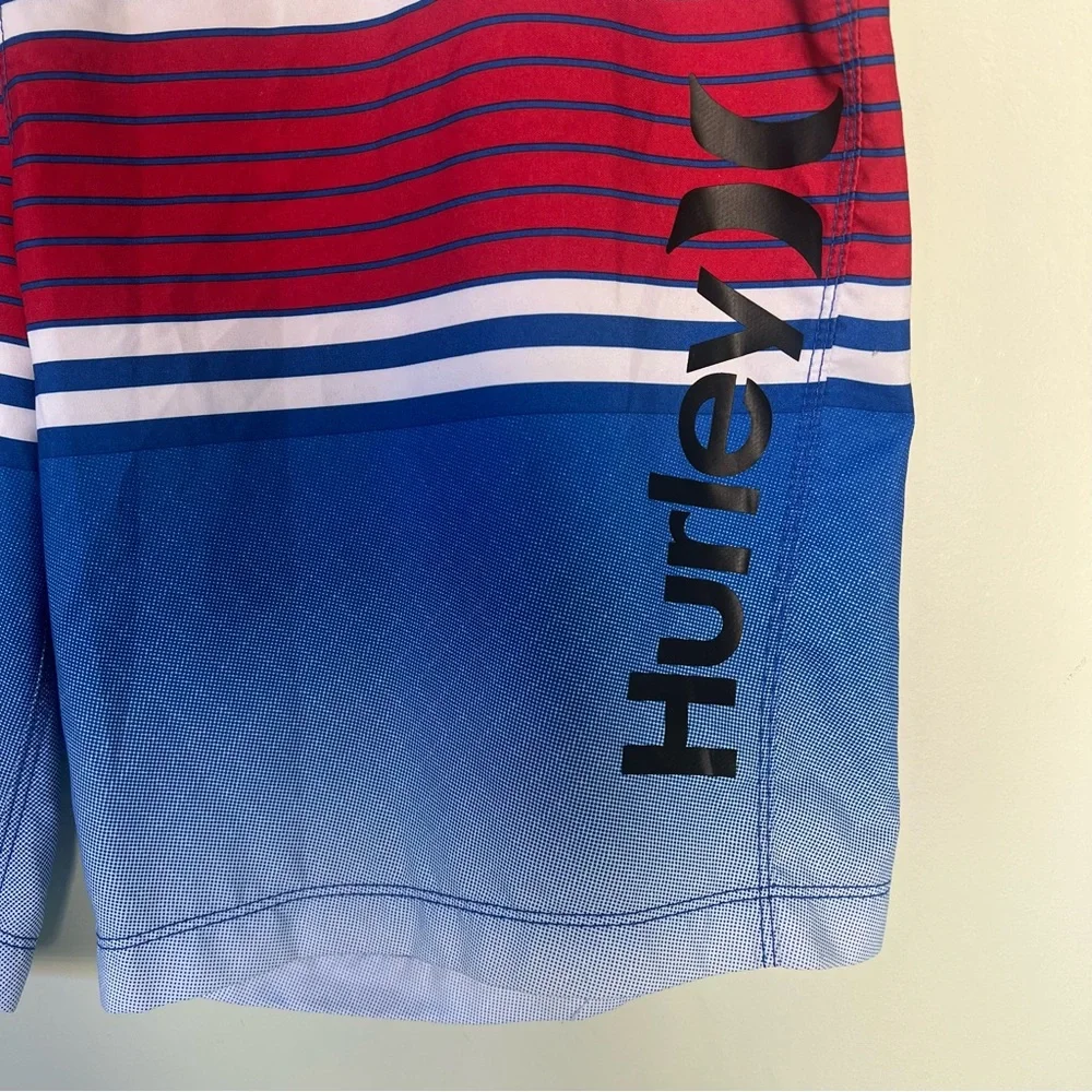 Hurley Mens Board Shorts Blue Red White Striped Gradient Swim Trunks Size 36